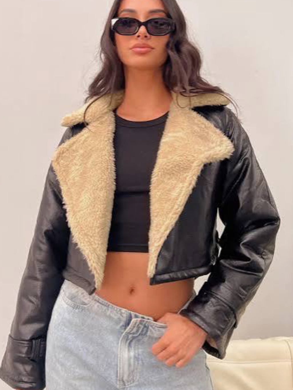 Lioness Black Faux Leather Cropped Jacket With Cream Sherpa Lining